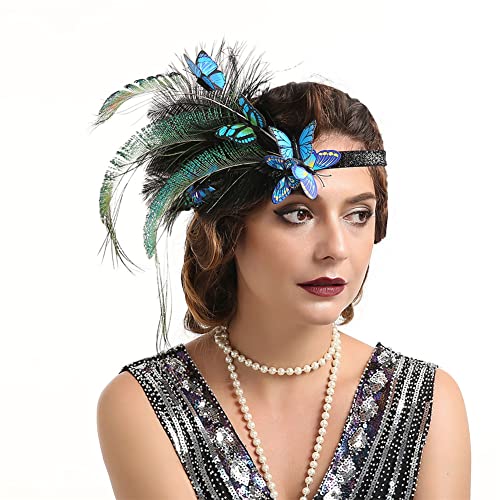 Pfauenfeder elastisches Haarband 1920er Jahre Flapper Feder Stirnband 20S Perlen Showgirl Kopfschmuck von Youllyuu