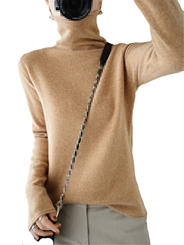 Youllyuu 100% Kaschmir Pullover Damen High Neck Pullover Sweater Langarm Strickpullover, Golden Khaki, M von Youllyuu