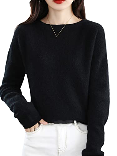 Youllyuu 100% Kaschmir Pullover Damen O-Neck Pullover Sweater Dicker Strickpullover Tops, Schwarz , M von Youllyuu