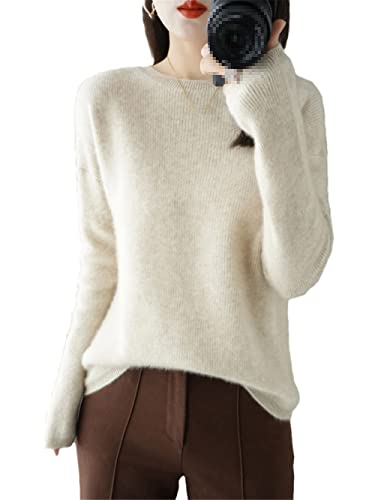 Youllyuu 100% Kaschmir Pullover Damen O-Neck Pullover Sweater Dicker Strickpullover Tops, beige, XX-Large von Youllyuu