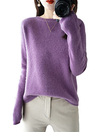 Youllyuu 100% Kaschmir Pullover Damen O-Neck Pullover Sweater Dicker Strickpullover Tops, violett, L von Youllyuu