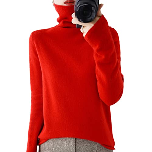 Youllyuu 100 % Kaschmir Pullover Damen Rollkragen Pullover Strickpullover Große Größe Jacke, rot, S von Youllyuu