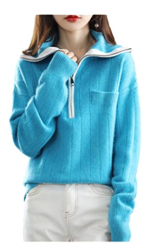 Youllyuu Pullover aus 100 % Kaschmir, mit Reißverschluss, für Damen, Strick, für Herbst und Winter, übergroße Jacke, Cyanblau, S von Youllyuu