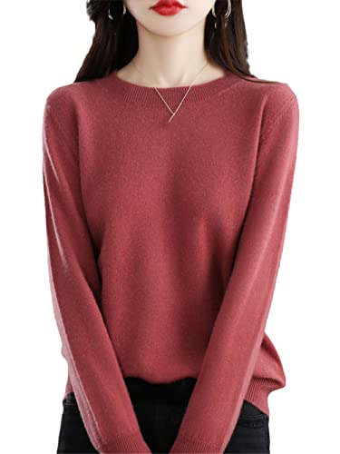 Youllyuu 100% Merinowolle Kaschmir Pullover Damen Rundhalsausschnitt Pullover Herbst Winter Strickpullover Tops, Red Bean Paste, M von Youllyuu