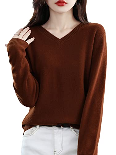 Youllyuu 100% Merinowolle Kaschmir Pullover Damen V-Ausschnitt Pullover Herbst Winter Strickpullover Tops, Deep Coffee, L von Youllyuu