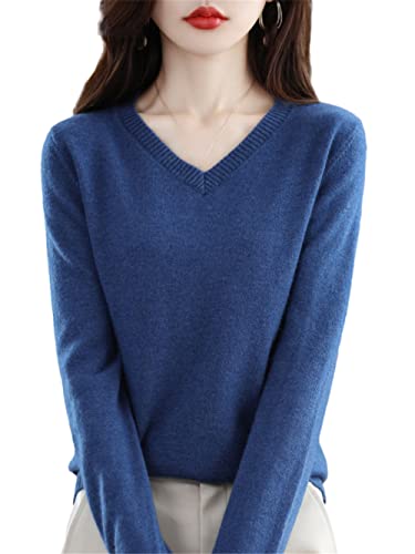 Youllyuu 100% Merinowolle Kaschmir Pullover Damen V-Ausschnitt Pullover Herbst Winter Strickpullover Tops, blau, XX-Large von Youllyuu