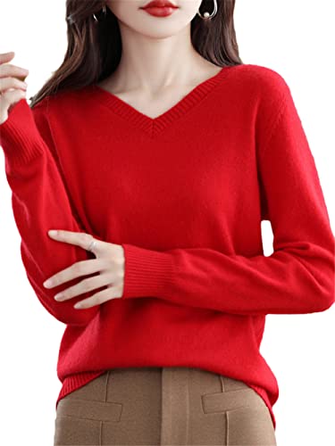 Youllyuu 100% Merinowolle Kaschmir Pullover Damen V-Ausschnitt Pullover Herbst Winter Strickpullover Tops, rot, XX-Large von Youllyuu