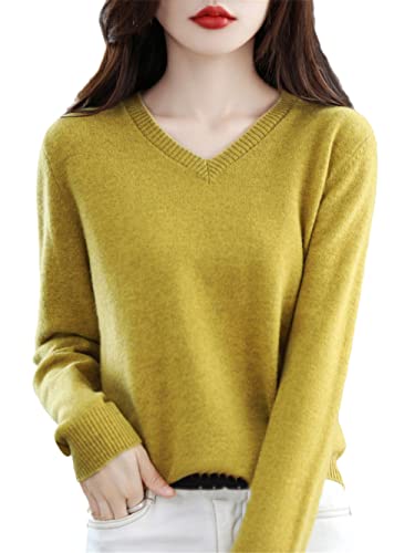 Youllyuu 100% Merinowolle Kaschmir Pullover Damen V-Ausschnitt Pullover Herbst Winter Strickpullover Tops, senfgelb, L von Youllyuu