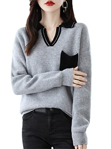 Youllyuu 100 % Merinowolle Pullover Damen Revers Colorblock Pullover V Ausschnitt Strickpullover, grau, XX-Large von Youllyuu