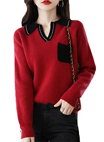 Youllyuu 100 % Merinowolle Pullover Damen Revers Colorblock Pullover V Ausschnitt Strickpullover, korallenrot, M von Youllyuu