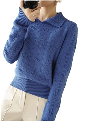 Youllyuu 100% Reiner Kaschmir Pullover Damen Große Größe Revers Pullover Winter Langarm Strickpullover, blau, XX-Large von Youllyuu