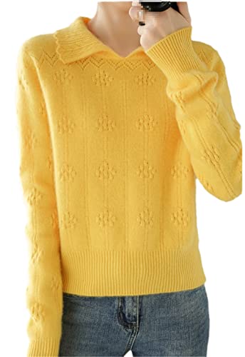 Youllyuu 100% Reiner Kaschmir Pullover Damen Große Größe Revers Pullover Winter Langarm Strickpullover, gelb, XL von Youllyuu