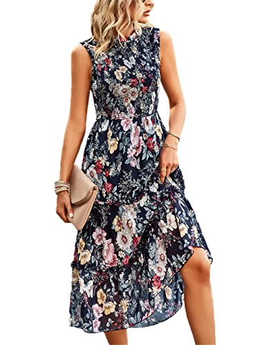 Youllyuu Ärmelloses Maxikleid mit Blumendruck, Rüschen, Bohemian, gesmokt, Strandkleid, Navy Print, L von Youllyuu