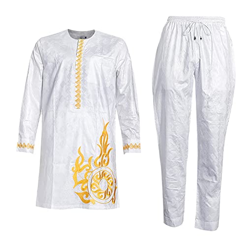 Youllyuu Afrikanisches Outfit für Herren, Rich Bazin, Original-Top-Hose, 2-teiliges Set, Riche-Hemd mit Hose, weiß, L von Youllyuu