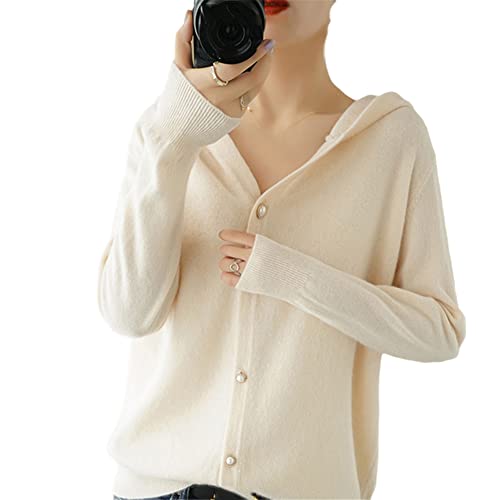 Youllyuu Australian Cashmere Hooded Cardigan Jacke Damen Strickjacke Lose Pullover, cremeweiß, L von Youllyuu