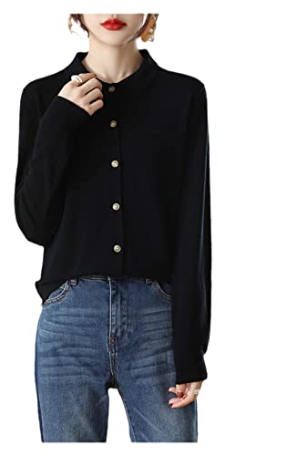 Youllyuu Australian Cashmere Revers Cardigan Strickjacke Dünne Außenjacke Polo Kragen Sweater Shirts, Schwarz , L von Youllyuu