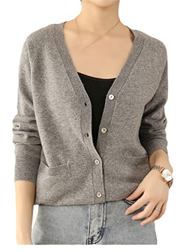 Youllyuu Australische Kaschmir-Strickjacke für Damen, kurze Jacke, Tasche, V-Ausschnitt, Pullover, kleiner Mantel, grau, L von Youllyuu