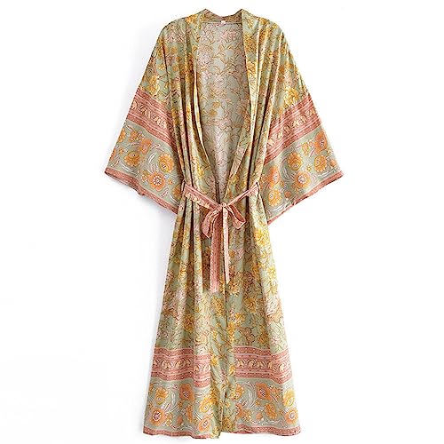 Youllyuu Boho Bademantel Strand Cover Ups Ethno Style Gürtel Lang Maxi Kimono Robe für Damen, 644, 36 von Youllyuu