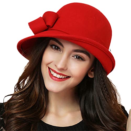 Youllyuu Bowknot Wollfilz Bowler Fedora Hüte Damen Breite Krempe Vintage Schlapphut Winter Kirche Glockenhüte Rot von Youllyuu