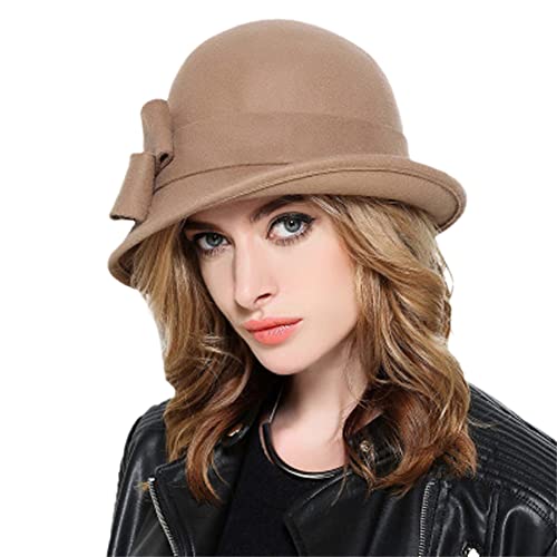 Youllyuu Bowknot Wollfilz Bowler Fedora Hüte Frauen Breite Krempe Vintage Schlapphut Winter Kirche Cloche Hüte Khaki von Youllyuu