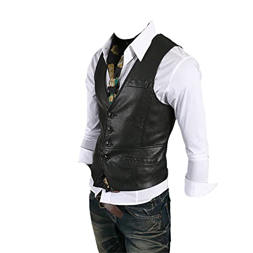 Youllyuu Britische Herren Anzugweste PU Leder Weste Slim einreihig Leder Kleid Weste, Schwarz , L von Youllyuu