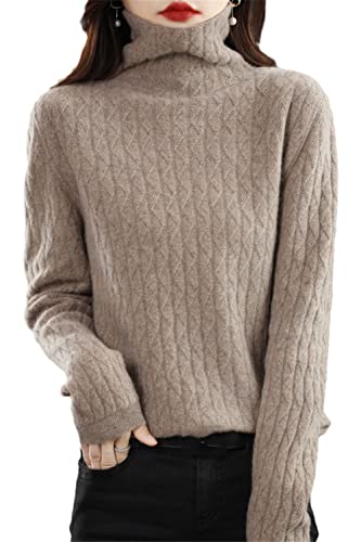 Youllyuu Cashmere Sweater Damen Strickpullover 100% Merinowolle Rollkragen Pullover Vintage Pullover, Lighttan, M von Youllyuu