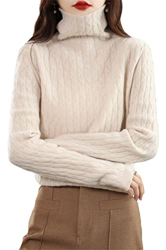 Youllyuu Cashmere Sweater Damen Strickpullover 100% Merinowolle Rollkragen Pullover Vintage Pullover, beige, M von Youllyuu