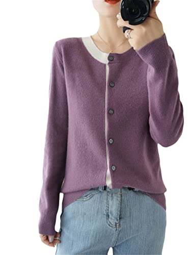 Youllyuu Damen Australisches Kaschmir Strickjacke Rundhals Slim Fit Pullover Mantel, violett, S von Youllyuu