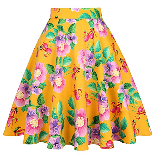 Youllyuu Damen Baumwolle Harajuku Vintage Rock 50er Jahre Sommer A Linie Blumenrock, Orangefarbene Blume, 40 von Youllyuu