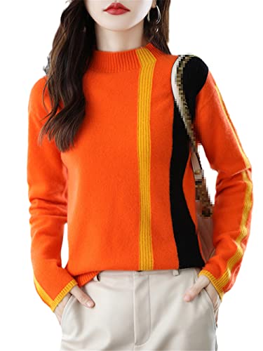 Youllyuu Damen Half Turtleneck Stripes Colorblock Strickpullover 100% Merinowolle Pullover, Orange, M von Youllyuu