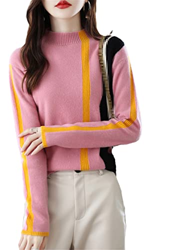 Youllyuu Damen Half Turtleneck Stripes Colorblock Strickpullover 100% Merinowolle Pullover, rose, M von Youllyuu