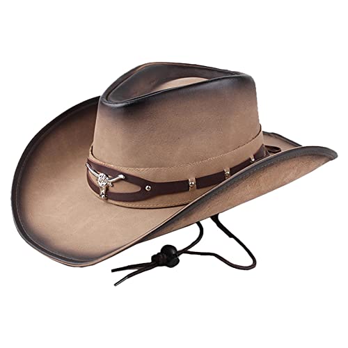 Youllyuu Damen Herren Cowboyhüte mit Seil breite Krempe Fedora Hut Metall Bull Head Dekoration Leder Jazz Reitmützen von Youllyuu