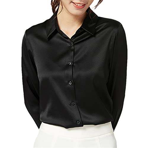 Youllyuu Damen Lose Satin Shirt Langarm Seide Weiß Bluse Casual Einreihige Shirts, Schwarz , XXL von Youllyuu