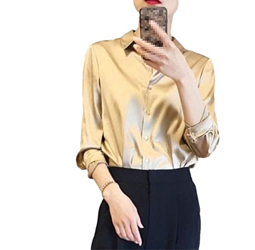 Youllyuu Damen Lose Satin Shirt Langarm Seide Weiß Bluse Casual Einreihige Shirts, champagnerfarben / goldfarben, Large von Youllyuu