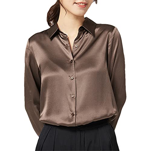 Youllyuu Damen Lose Satin Shirt Langarm Seide Weiß Bluse Casual Einreihige Shirts, schokoladenbraun, XXL von Youllyuu