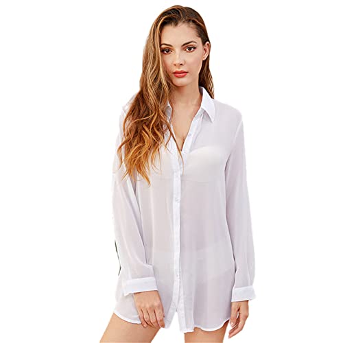 Youllyuu Damen Mittellang Weiß Transparent Bluse Shirt Sonnenschutz Hemd Top Dünn Sommer Chiffon Hemd, weiß, Small von Youllyuu