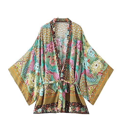 Youllyuu Damen Rayon Kimono Pfau Blumen bedruckte Bademäntel Fledermausärmel Boho Ethno Folk Kimono Cover Ups, Army Gn, 38 von Youllyuu