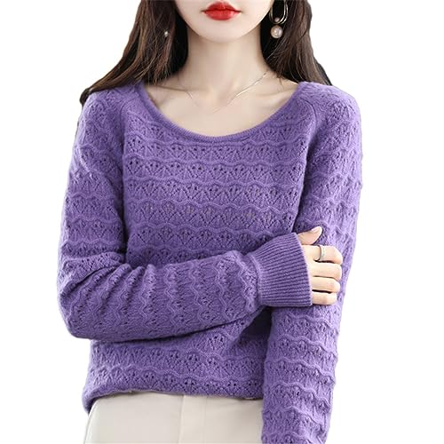 Youllyuu Damenpullover aus 100% Wolle, gestrickt, Rundhalsausschnitt, Kaschmirpullover, langärmelig, schmale Unterwolle Violet S von Youllyuu