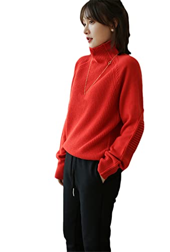 Youllyuu Dicker Rollkragenpullover für Damen, 100 % Merinowolle, Pullover, Strickunterteil, rot, L von Youllyuu