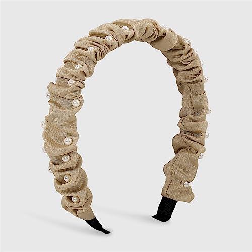 Youllyuu Frauen Mode Stirnband Perlen Plissee Haarband Einfarbig Casual Headwear Haarschmuck Turban Khaki von Youllyuu