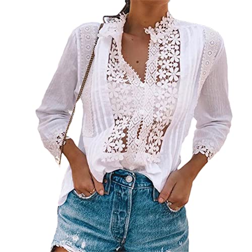 Youllyuu Gehäkelte hohle Spitze Bluse Frauen Sommer Langarm Casual Urlaub Strand Shirt Tops, weiß, Small von Youllyuu