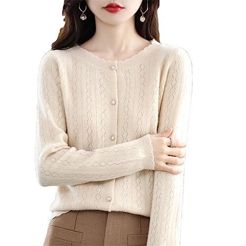 Youllyuu Herbst Winter 100% Wolle Frauen Crewneck Strickjacke Hohle Blume Gestrickte Kaschmir Pullover Jacke Beige M von Youllyuu