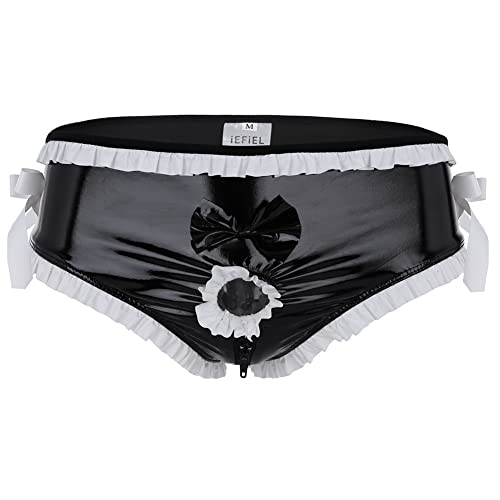 Youllyuu Herren Sissy Dessous Latex Leder Bikini Slip exotischer Reißverschluss Schritt Höschen BH Top mit Penisloch, Höschen, L von Youllyuu