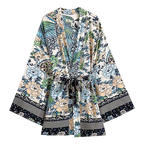 Youllyuu Kimono-Bademantel, Blumenmuster, Übergröße, Kimono, ethnischer Stil, Pfauen-Überzug, blau, 38 von Youllyuu