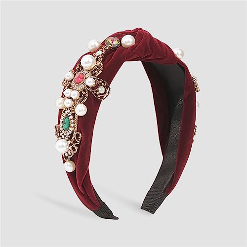 Youllyuu Mode Strass Blume Perle Stirnband Breite Seite Top Knoten Solide Haarband Turban Haarschmuck Für Frauen Weinrot von Youllyuu