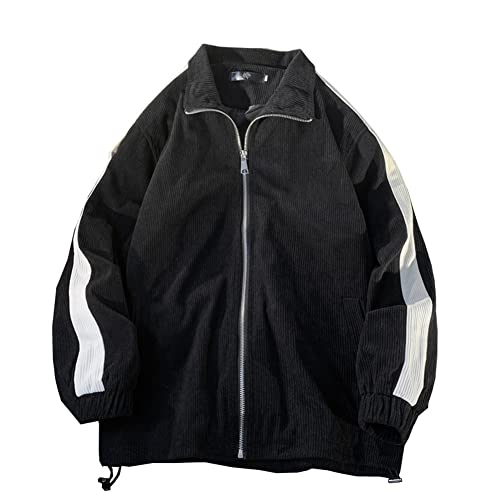 Youllyuu Oversized Cordjacke Herren Patch Design Zip Up Coat Harajuku Streetwear Oberbekleidung, Schwarz , L von Youllyuu