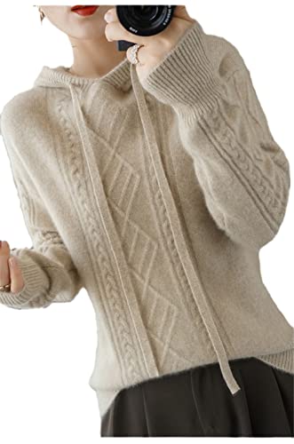 Youllyuu Schwere dicke Strickoberteile Damen Kapuzenpullover Pullover 100% Kaschmir Jacke, Flach Khaki, L von Youllyuu