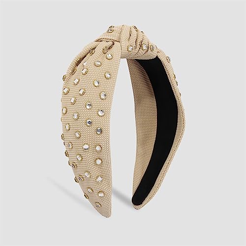 Youllyuu Strass Perle Geknotet Haarband Handgemachte Solide Breite Stirnbänder Casual Stoff Haar Hoops Haarschmuck Khaki von Youllyuu