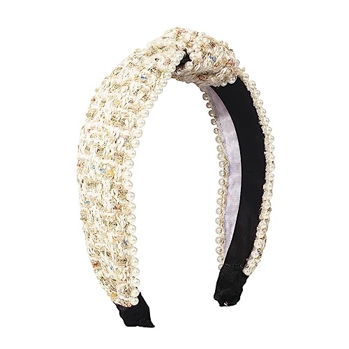 Youllyuu Tuch Tweed Breite Haarband Für Frauen Kreuz Geknotet Stirnbänder Damen Perle Haarband Lünette Headwear beige von Youllyuu