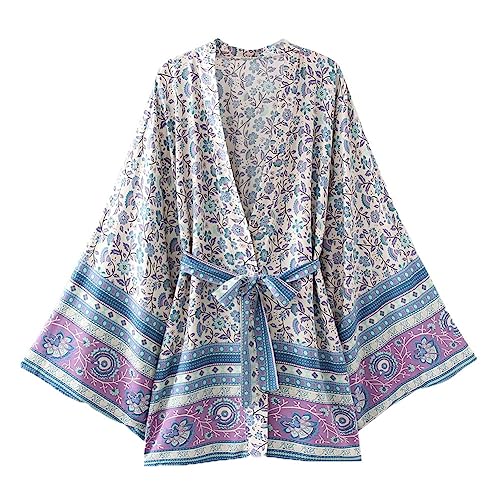 Youllyuu Vintage Boho Floral Printed Hippie Strand Cover Ups 3/4 Ärmel Gürtel Lace Up Bohemian Kimono Robe, 196, 36 von Youllyuu